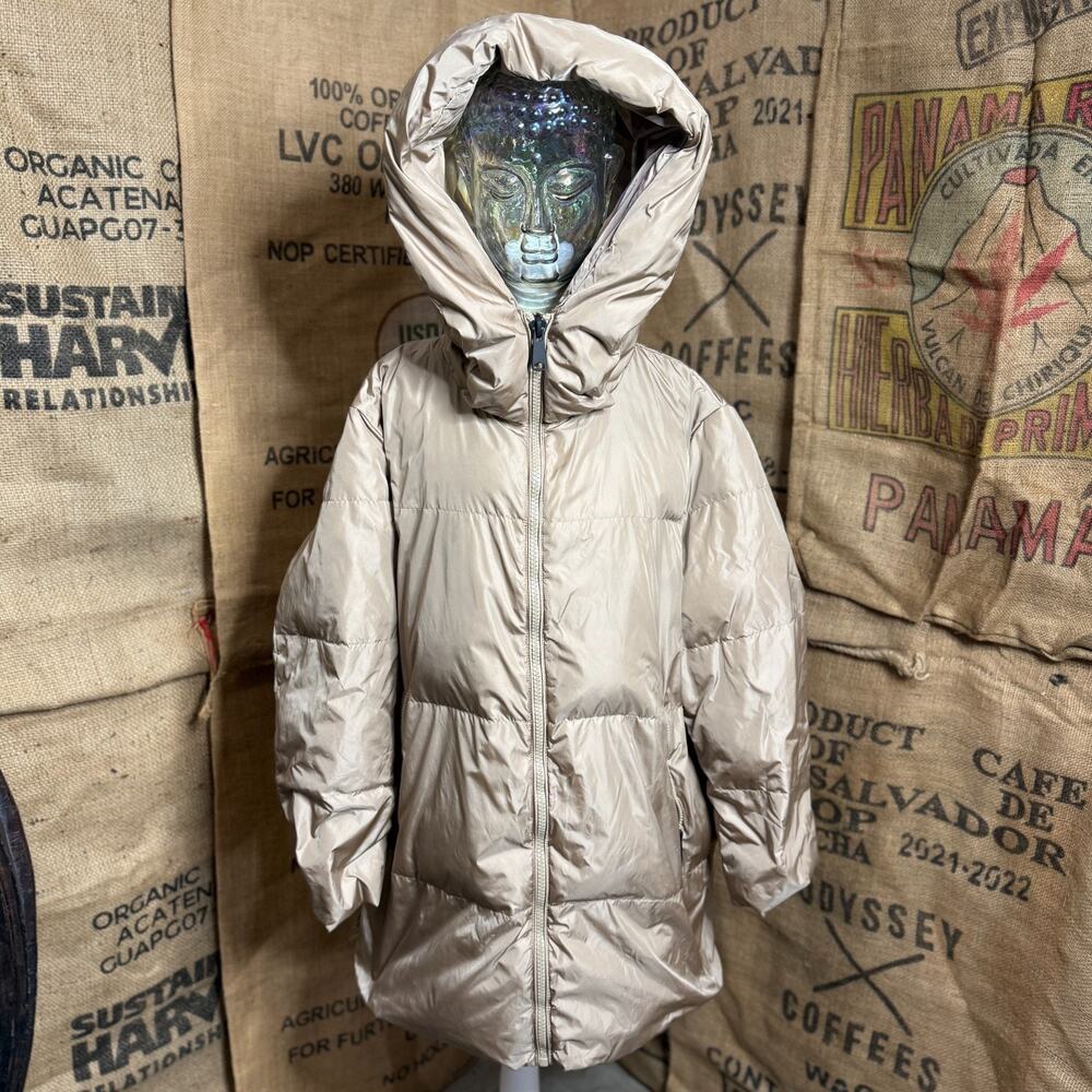 Zara Womens Long Puffer Coat Hooded Beige XL Winter Jacket Full Zip